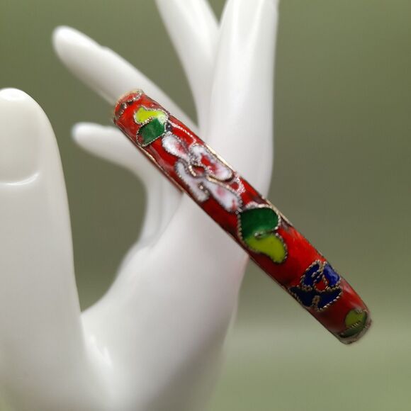 Vintage Asian Gold Trim Red Floral Cloisonné Hinged Bangle Bracelet, 7 1/4 Inch - Picture 2 of 10